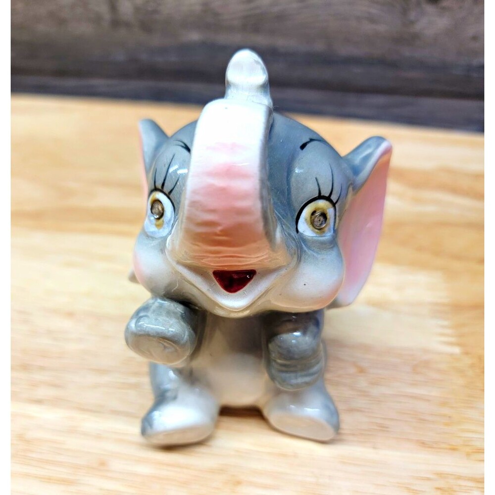 Gray Ceramic Elephant Figurine Statue Decor with Raised Trunk